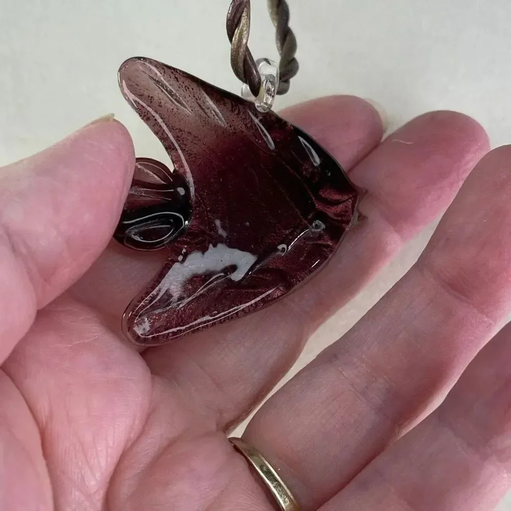 RMN glass ornate fish metallic twisted leather cord necklace.